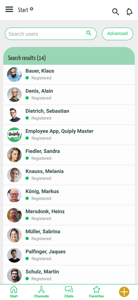 myMBG - Max-Born-Gymnasium - A mobile app interface showing a list of registered users and a search bar for school communication