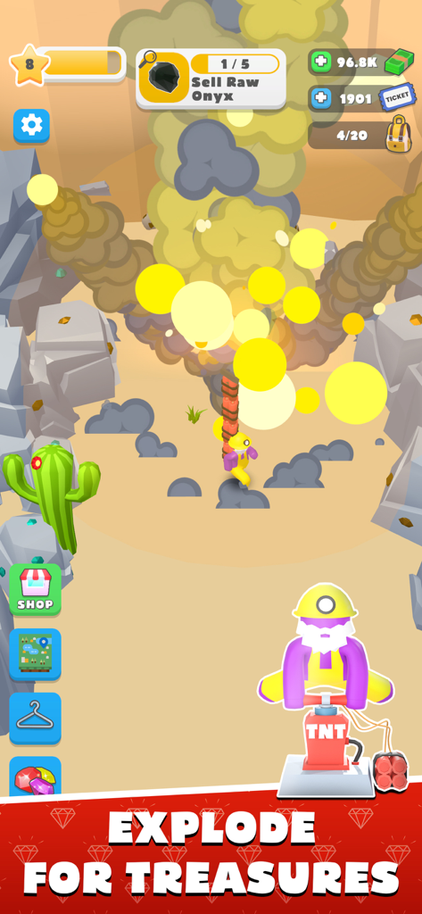 Miner Tycoon :  Big Dynamite - A cartoon miner character triggering a TNT explosion to reveal hidden gems in Miner Tycoon Big Dynamite