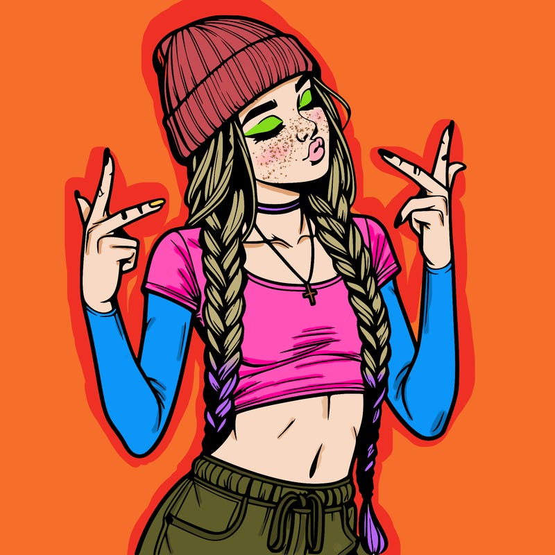 realistic teenage girl with braids and a beanie and crop top doing 🫶🏼