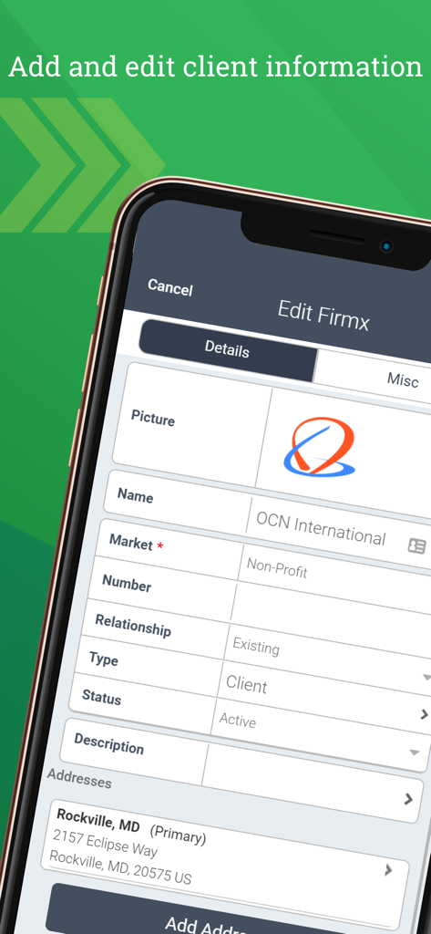 Deltek CRM for Vantagepoint - Mobile app screen for adding and editing client information in Deltek CRM for Vantagepoint