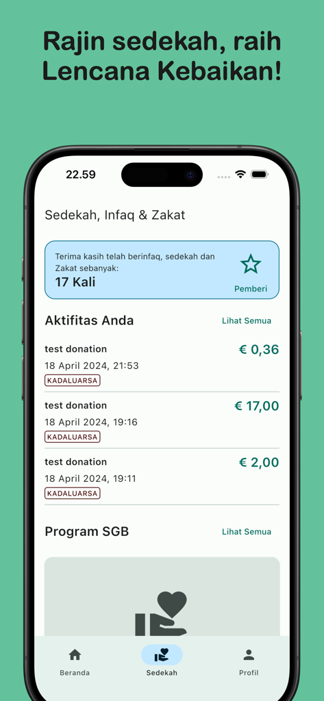 SGB App - Mobile screen of the SGB App showing a donation summary and activity list for Sedekah and Zakat in the Indonesian community.