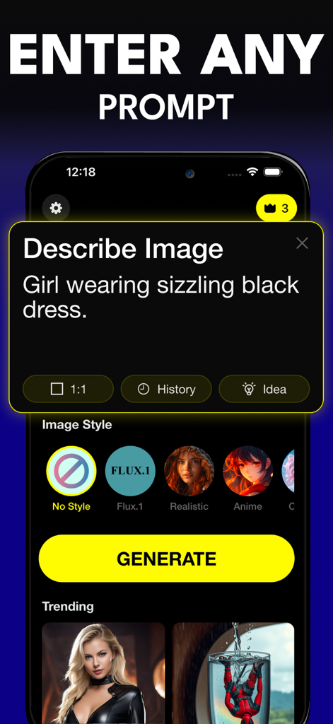 Interface do aplicativo AI Image Maker Pro mostrando a caixa de entrada de prompt de texto para criar arte gerada por IA com opções de estilo