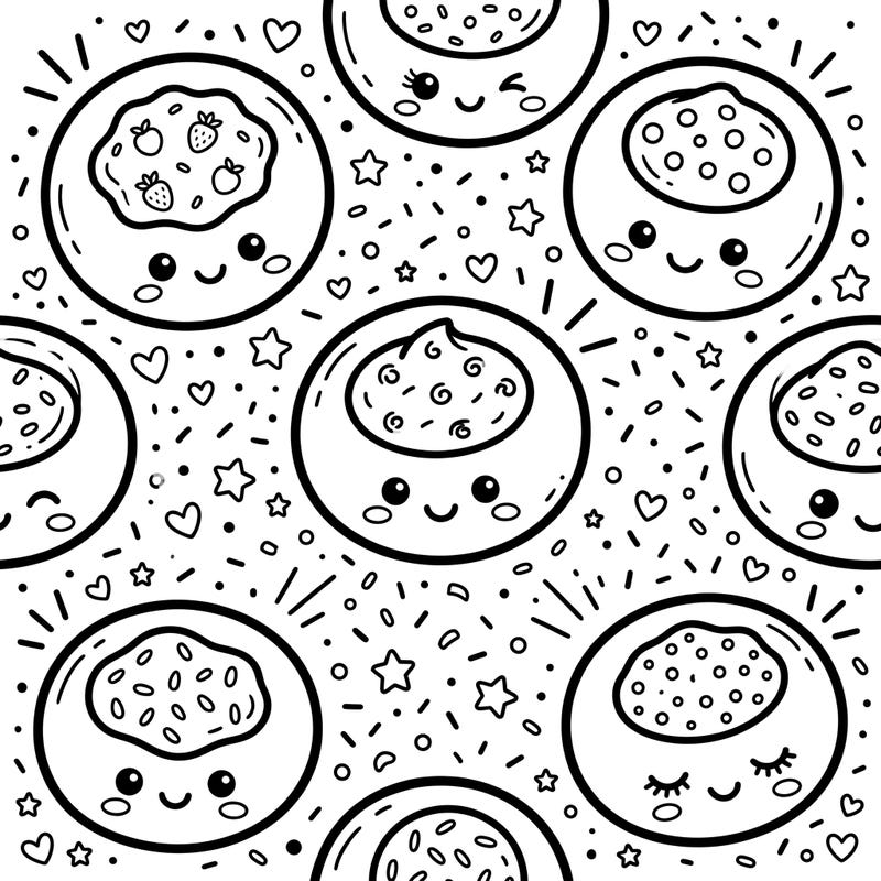 Indulge your sweet tooth and artistic side with this charming Kawaii Thumbprint Cookies coloring page. Featuring an array of adorable cookies with happy faces and delightful fillings, it's a treat for colorists of all ages.
