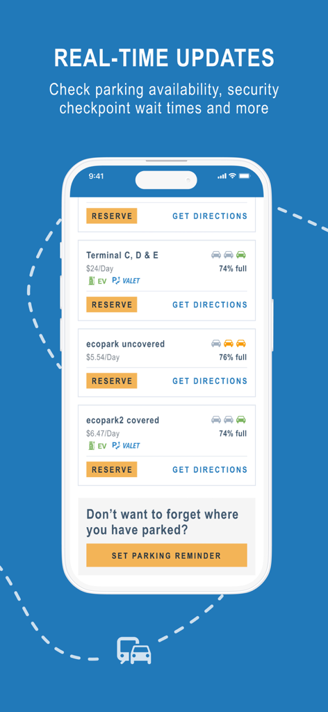 Houston Airports – Official - ヒューストン空港のリアルタイム駐車場空き状況と予約オプションを表示するスマートフォンの画面