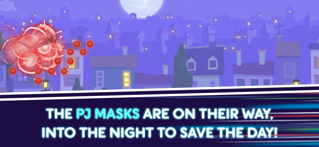 Buhíta volando sobre los tejados de la ciudad por la noche en el juego PJ Masks Moonlight Heroes