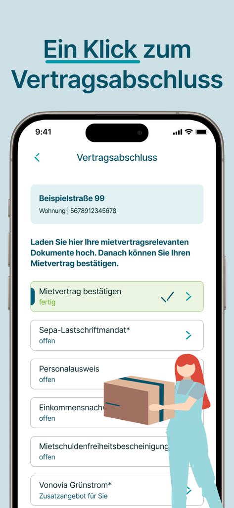 Oberfläche der Mein Vonovia App, die den Prozess des digitalen Mietvertragsabschlusses und den Dokumenten-Upload-Bereich zeigt