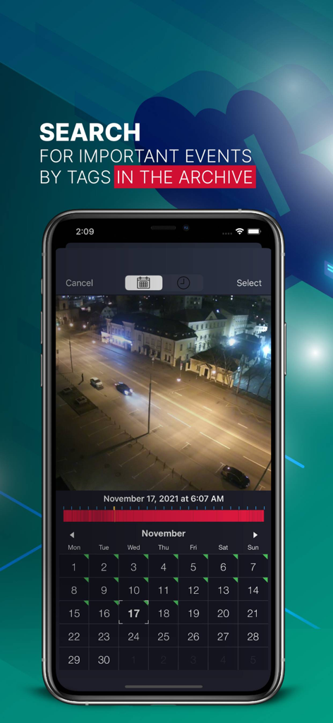Video Surveillance TRASSIR - TRASSIR app interface showing video archive search with calendar and event tags
