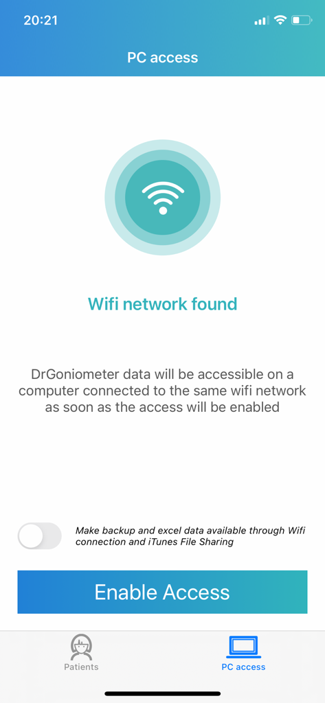 DrGoniometer - DrGoniometer app interface for enabling PC access and data backup over a WiFi network