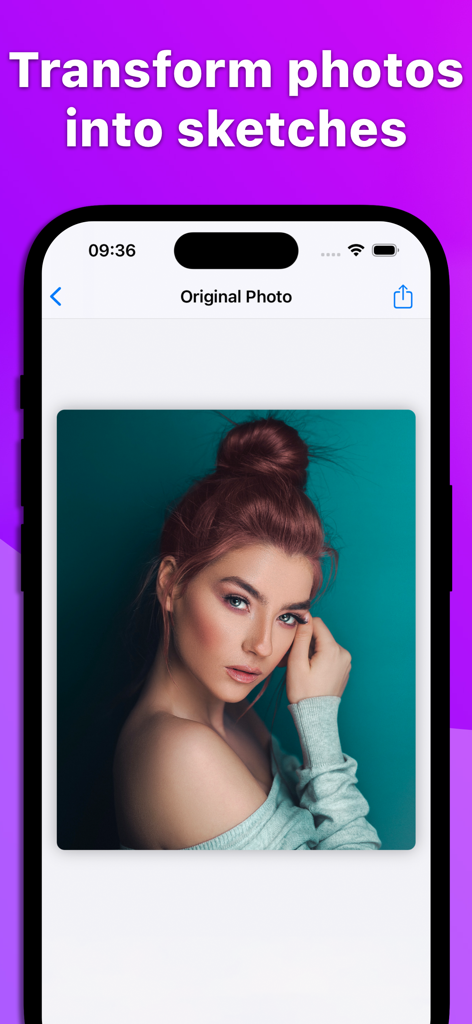 Pencil Sketch: Photo Drawing - 여성의 원본 사진을 그림으로 변환하기 위해 준비된 Pencil Sketch 앱 인터페이스