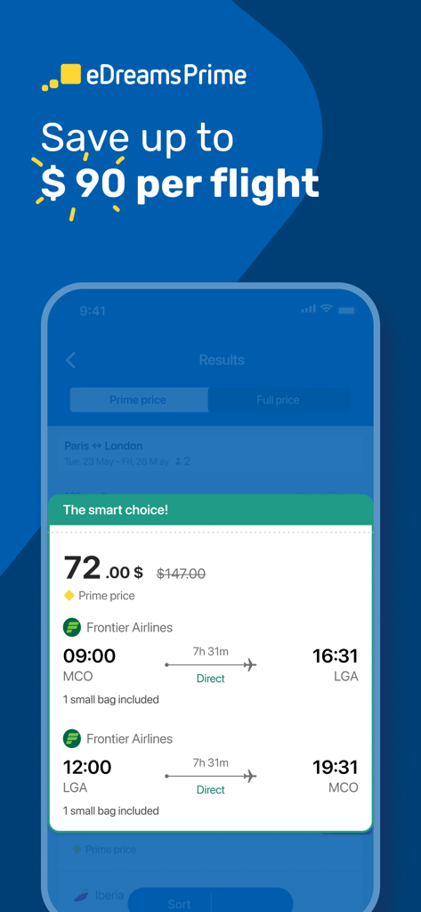 Interfaz de la app eDreams Prime mostrando un descuento de vuelo de 90 dólares con una comparación de precios para Frontier Airlines