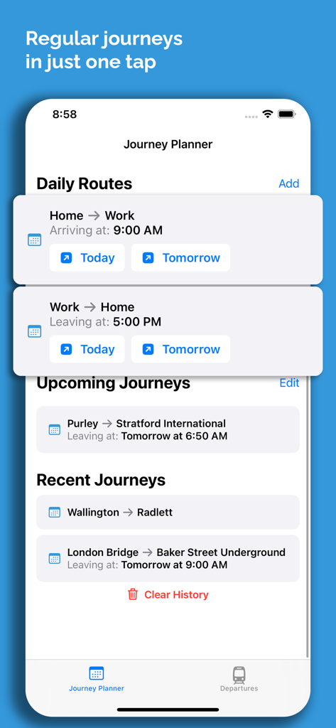 Train Times UK Journey Planner - Train Times UK アプリの乗り換え案内画面で、毎日の列車ルートと今後の列車ルートが表示されています。