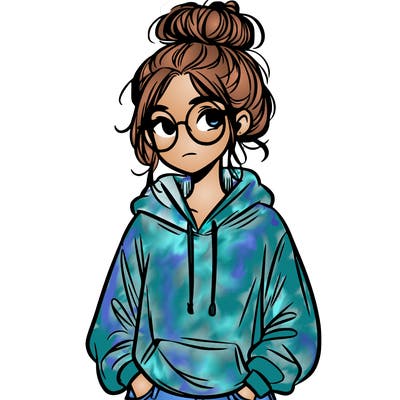 teen girl with a messy bun and glasses wearing a loose hoodie and jeans