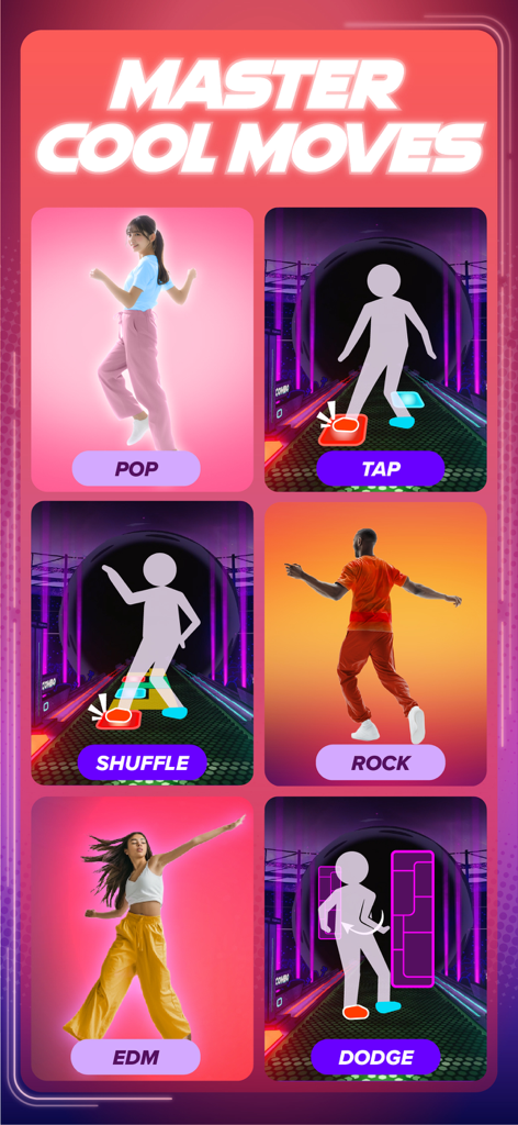 Dance Dash: Rhythm and Fitness - Eine Collage, die verschiedene Tanzstile und Gameplay-Mechaniken in Dance Dash zeigt, einschließlich Shuffeln, Tippen und Ausweichen.