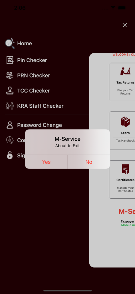 Navigation du menu latéral de l'application KRA M-Service montrant divers services fiscaux et une boîte de dialogue de confirmation de sortie