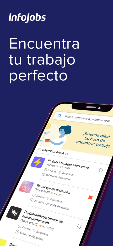 InfoJobs - Trabajo y Empleo - Aplicação móvel InfoJobs exibindo listagens de empregos e funcionalidades de pesquisa