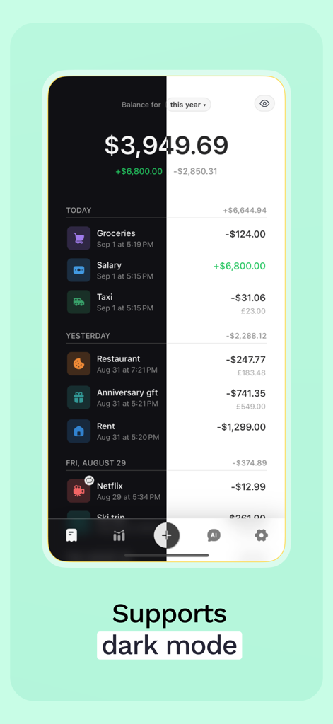 Spending Tracker: Sumi - Sumi spending tracker app interface showing a comparison between light and dark mode