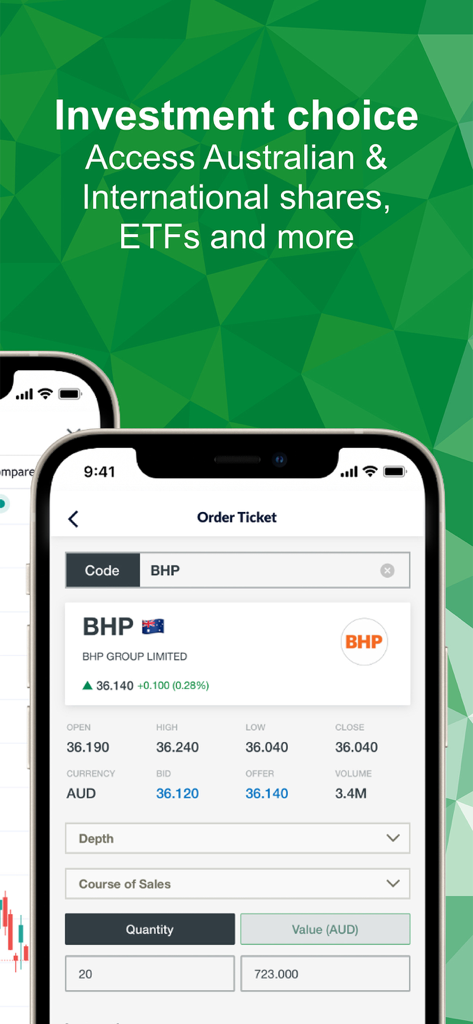St.George Directshares app showing an order ticket for BHP Group Limited shares