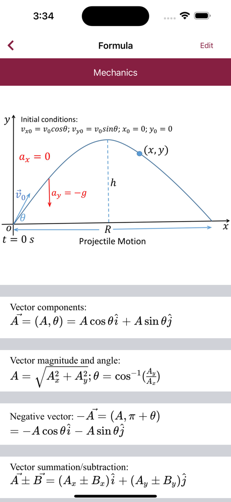 Physics Master - Physics formulas for projectile motion and vectors in the Mechanics section of the Physics Master app