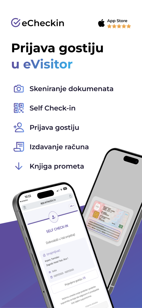 eCheckin - Interface de l'application mobile eCheckin montrant l'enregistrement des invités pour le système eVisitor croate avec scan de documents et fonctions d'auto-enregistrement