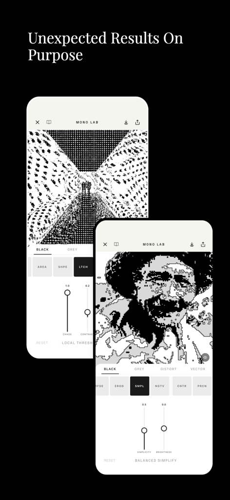 Mono Lab - Two iPhones displaying the Mono Lab interface with high contrast black and white image processing and distortion tools