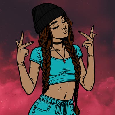 realistic teenage girl with braids and a beanie and crop top doing 🫶🏼