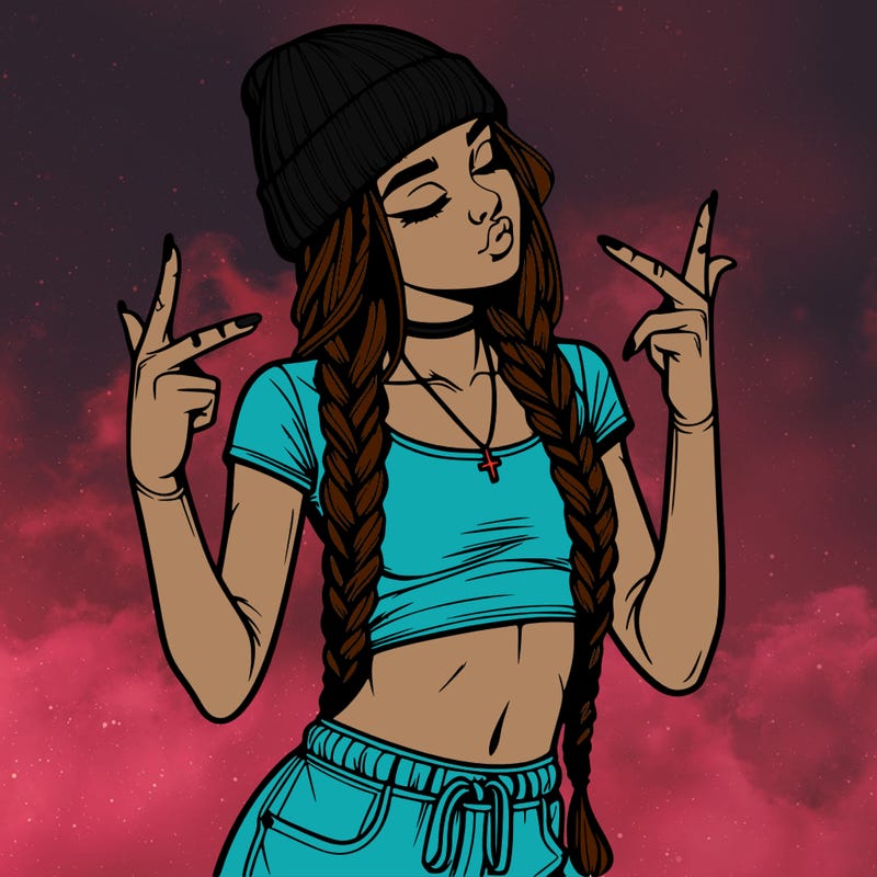 realistic teenage girl with braids and a beanie and crop top doing 🫶🏼