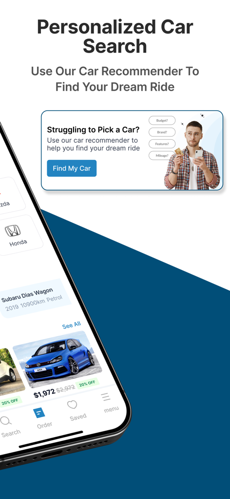 Interfaz de la aplicación Sat Japan que muestra su herramienta de búsqueda personalizada y recomendador de coches.