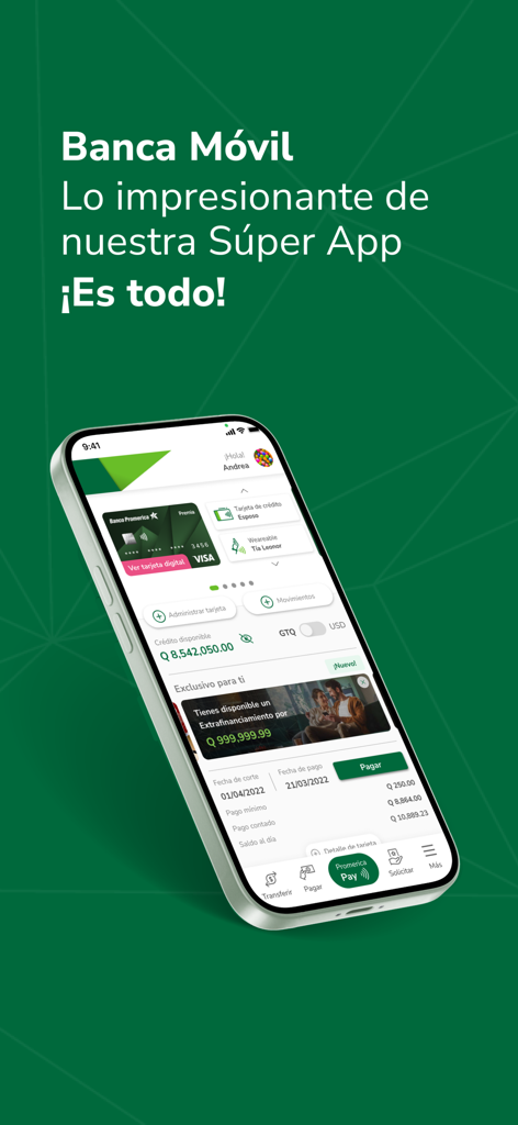 Banco Promerica Guatemala - Interfaz de la aplicación de banca móvil de Banco Promerica Guatemala en la pantalla de un smartphone mostrando saldos de cuentas y detalles de tarjetas de crédito.