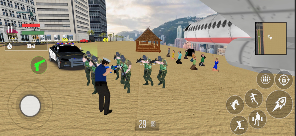 US Police Car Chase Driving 3D - A police officer aiming at a group of armed criminals near a police car and an airplane.