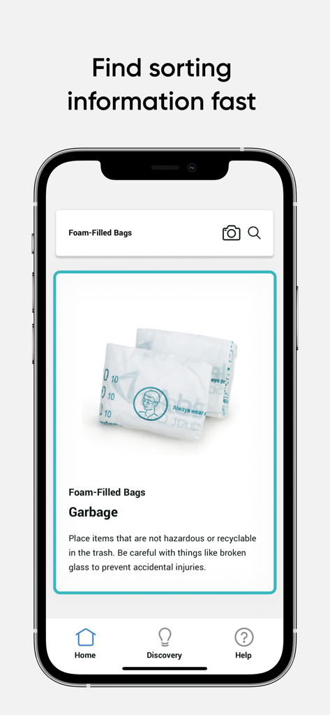 Recycle Coach app interface showing a search result for foam filled bags categorized as garbage