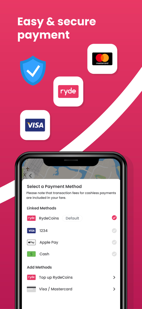 RYDE - Ride Hailing & More - A smartphone displaying the Ryde app payment selection screen with options for RydeCoins Visa Apple Pay and Cash