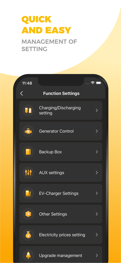 AlphaESS - Pantalla de configuración de funciones de la aplicación móvil AlphaESS que muestra opciones de gestión de energía como carga y descarga y ajustes del cargador de vehículos eléctricos