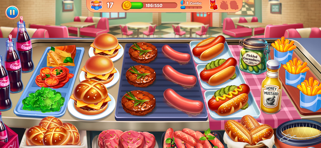 Cooking Chaos Cooking Games - Juego de cocina trepidante en Cooking Chaos con hamburguesas y perritos calientes preparándose en la cocina de un restaurante bullicioso.