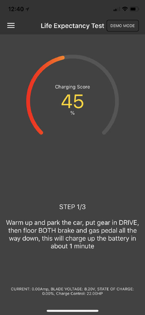 Dr. Prius / Dr. Hybrid - Dr Prius app interface showing the hybrid battery life expectancy test screen with a charging score gauge and step by step instructions