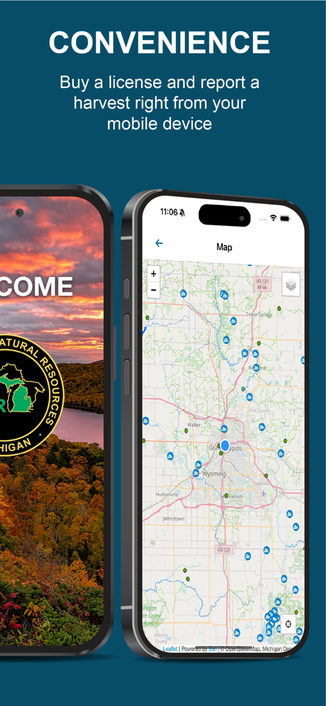 Michigan DNR Hunt Fish app displaying an interactive map of outdoor locations and a welcome screen.
