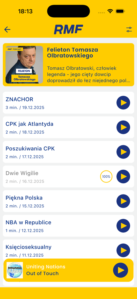 RMF FM - RMF FM mobile app interface displaying a list of Polish podcasts and current radio track
