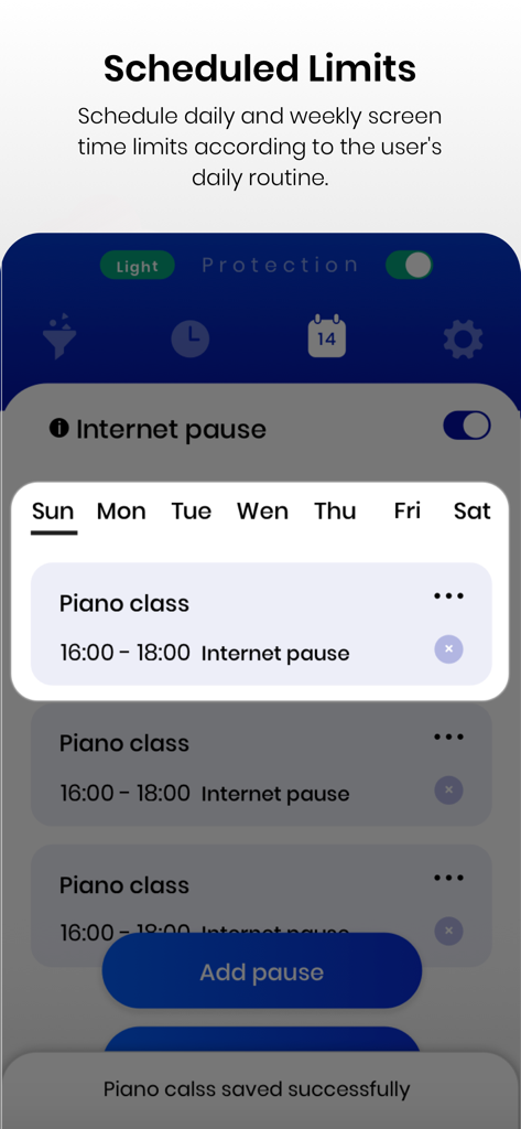 Parental Control Netspark - Mobile interface for scheduling daily screen time limits and internet pauses for children.