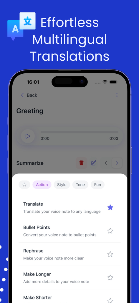 AI Note Taker & Voice Memos - AIノートテイクアプリの画面。多言語翻訳やスマートボイスメモ編集のオプションを表示。