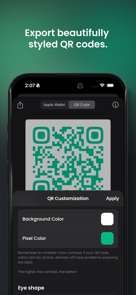 SoCard: Digital Business Card - Interfaz de la app SoCard mostrando opciones para personalizar el fondo y el color de los píxeles del código QR de una tarjeta de presentación digital.
