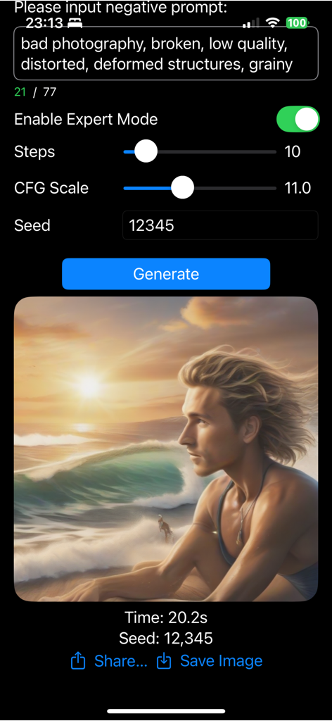 AI Art - Private Diffusion Pro - Interface of AI Art Private Diffusion Pro app showing expert generation settings and a high-quality AI image of a man on a beach