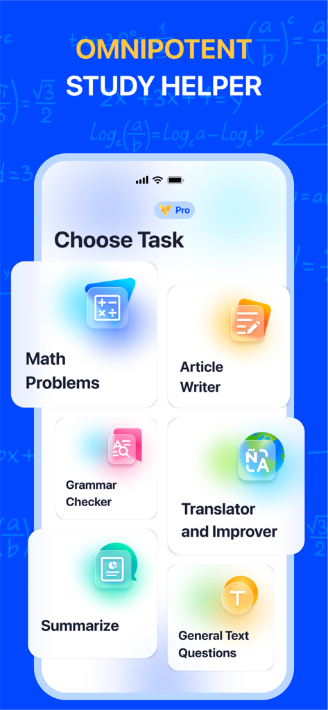 Study AI - Homework Helper - A smartphone screen displaying the Study AI app's task selection menu featuring options for math problems article writer grammar checker translator and more.