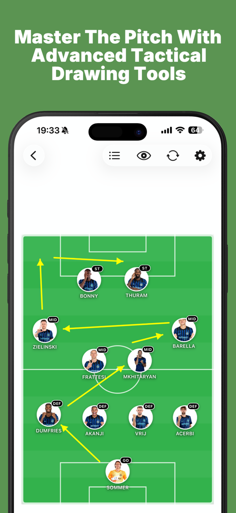 Elite Soccer Lineup - Tactico - Una pizarra táctica de fútbol que muestra formaciones de jugadores y flechas de movimiento en un campo.