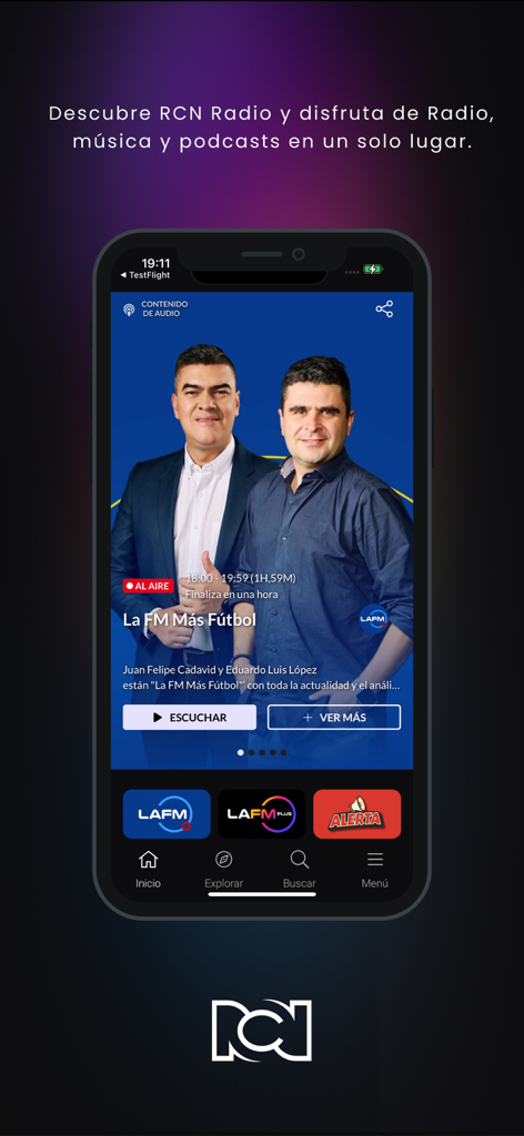 Interface de l'application mobile RCN Radio montrant un programme de radio sportive en direct et des icônes de stations pour les actualités et la musique