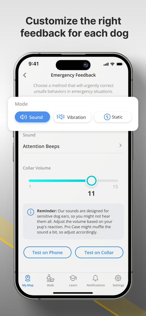 Pantalla de la aplicación Halo Collar para personalizar modos de retroalimentación de emergencia, incluidas opciones de sonido, vibración y estática
