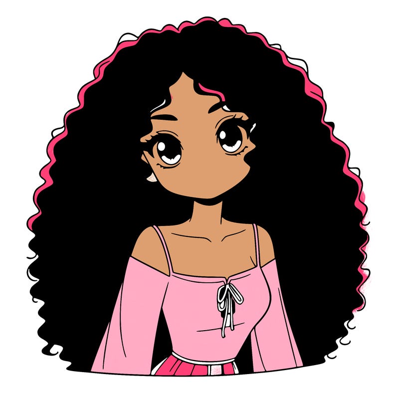 a black anime girl with long afro hair