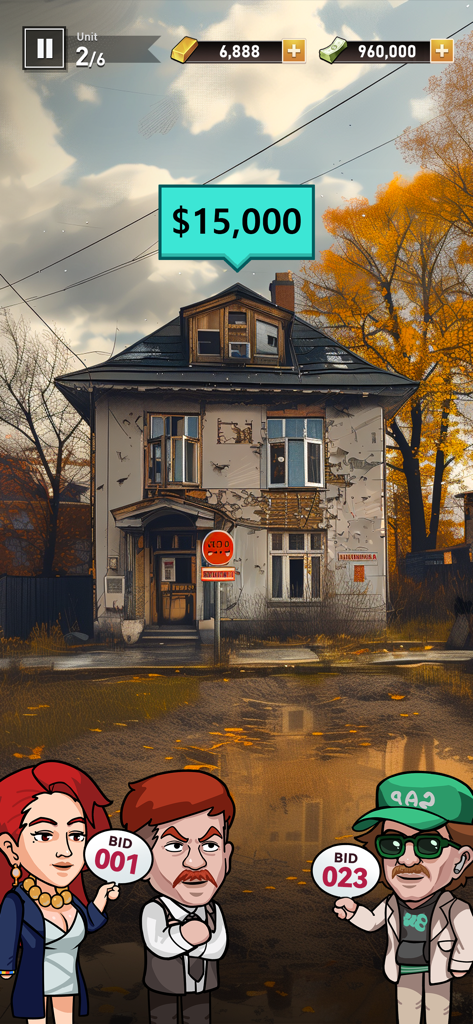 Bid Master - Cartoon characters bidding on a house in the Bid Master mobile game.