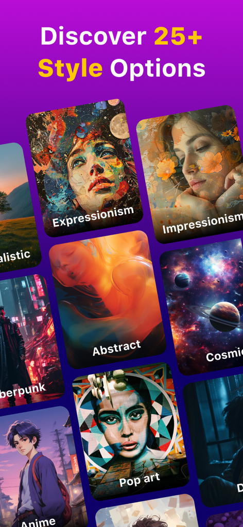 A collection of various AI-generated art styles including expressionism, pop art, and anime within the Black AI app interface.