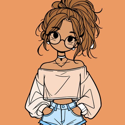 girl with a messy ponytail glasses a baggy crop top and jean shorts