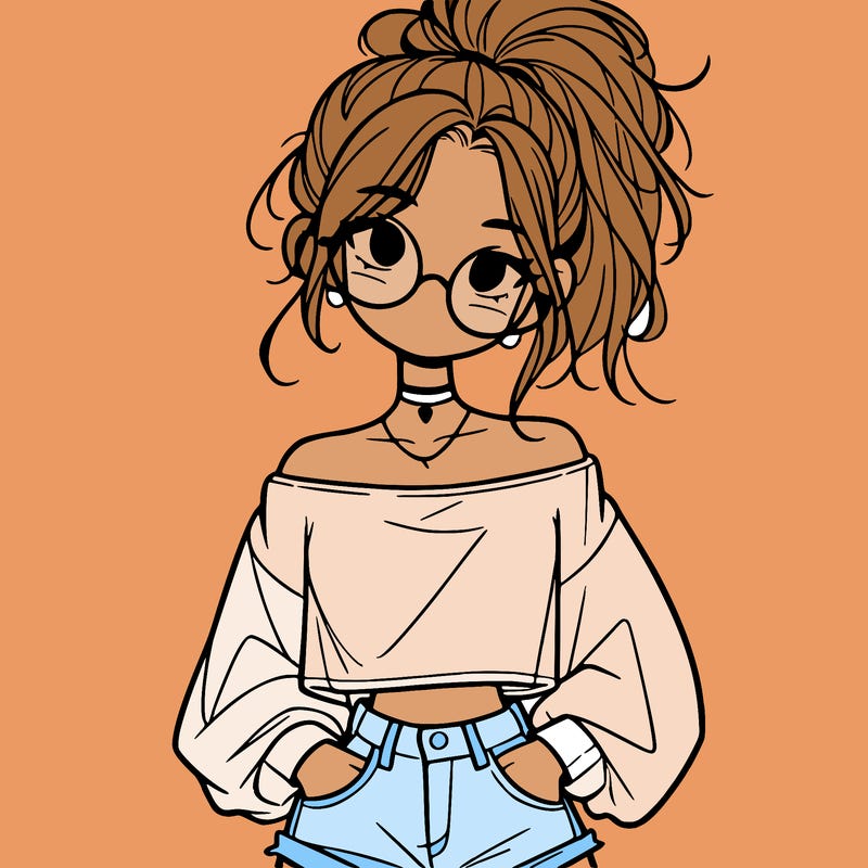 girl with a messy ponytail glasses a baggy crop top and jean shorts