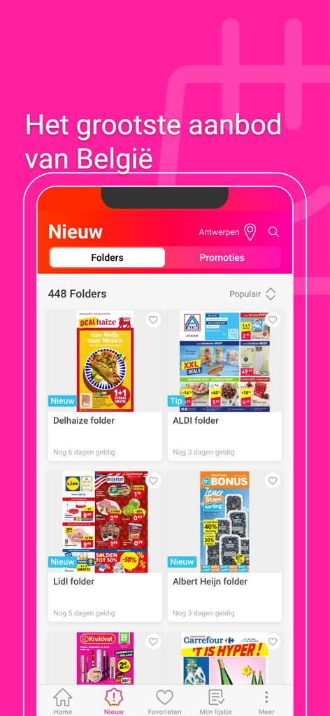 Promotiez Mobile App-Oberfläche, die neue wöchentliche Einkaufshefte von großen belgischen Einzelhändlern anzeigt